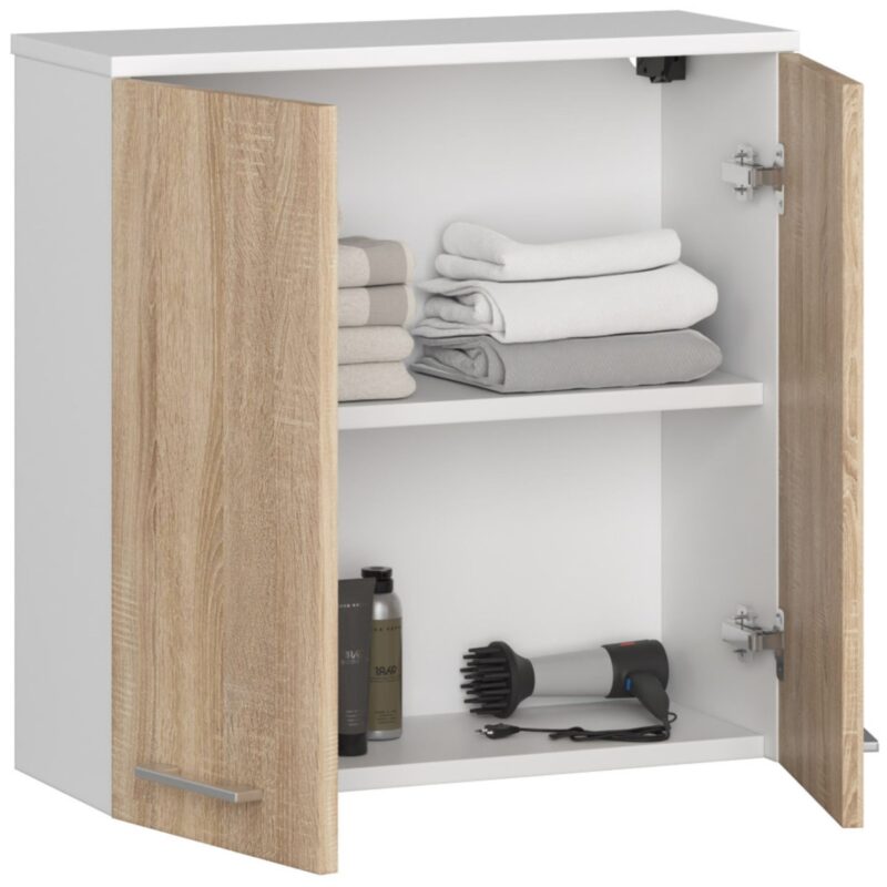 Pakabinama vonios kambario spintelė 60 cm FIN 2D, BALTA / SONOMA - Image 2