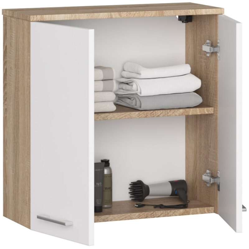 Pakabinama vonios kambario spintelė 60 cm FIN 2D, SONOMA / BALTA - Image 2